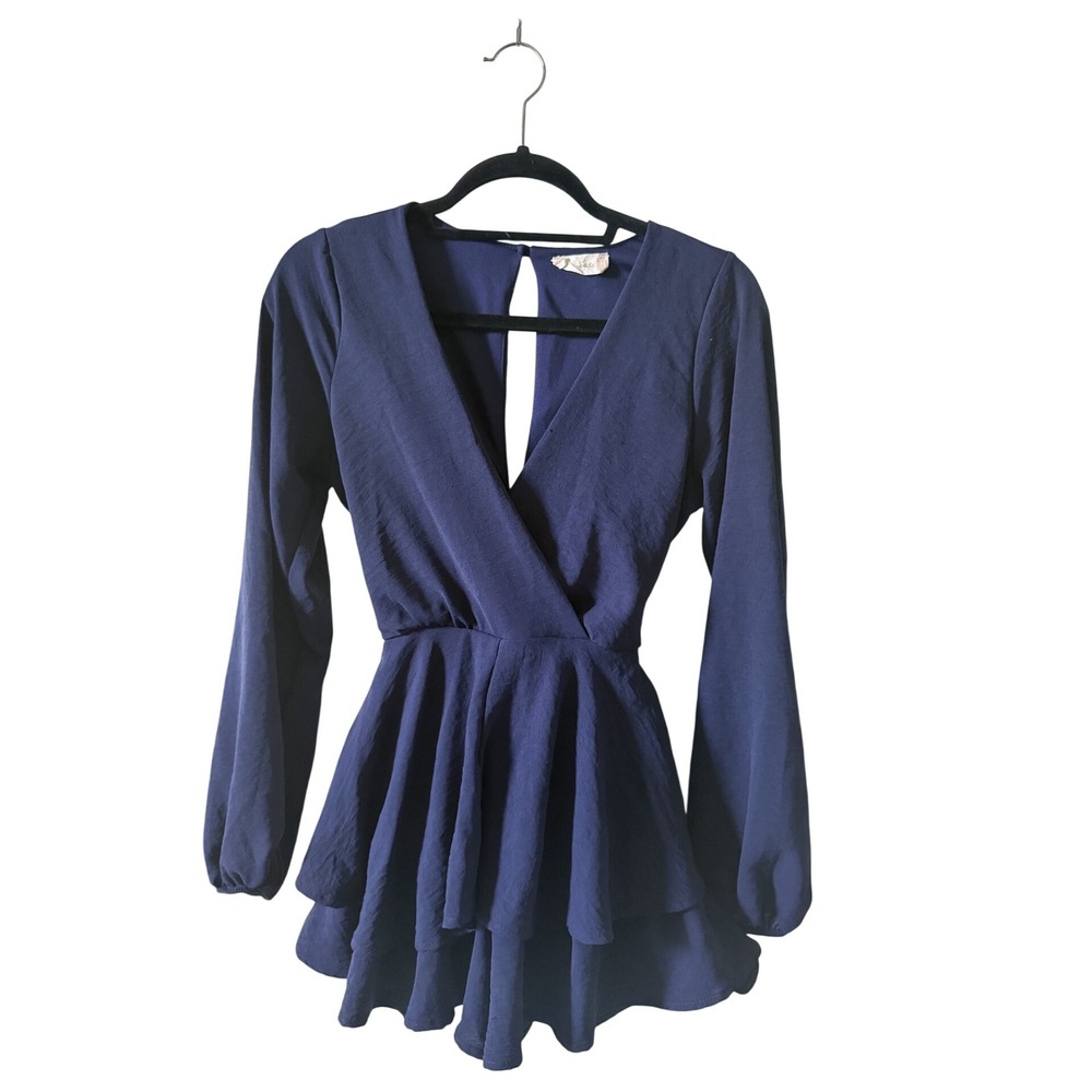 Altar'd State Navy Blue Long Sleeve Ruffle Romper XS V-Neck Open Back Tie-Waist